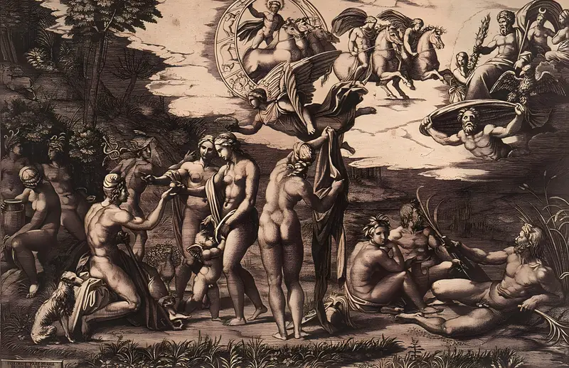 An engraving showing mythological figures in a lush landscape with a dog, winged figure, chariot, horses, and reclining men among reeds.
