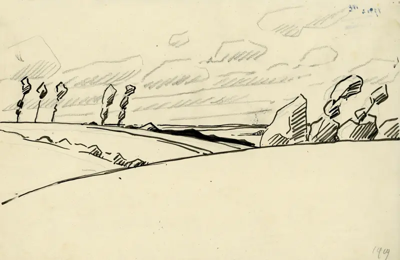 Landscape in ink by Albert Daenens, featuring delicate strokes and muted hues on paper.