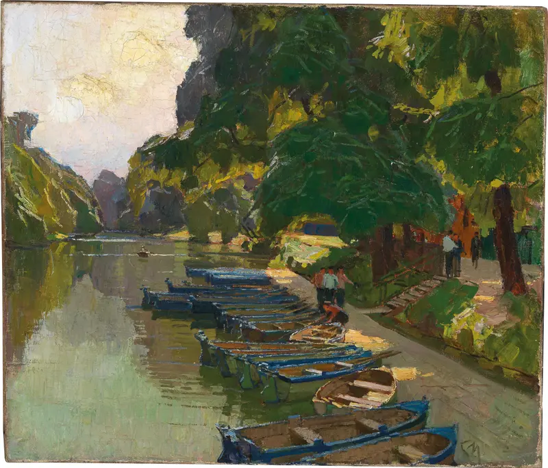 A serene landscape painting depicting a landing stage at Heustadlwasser in Vienna.