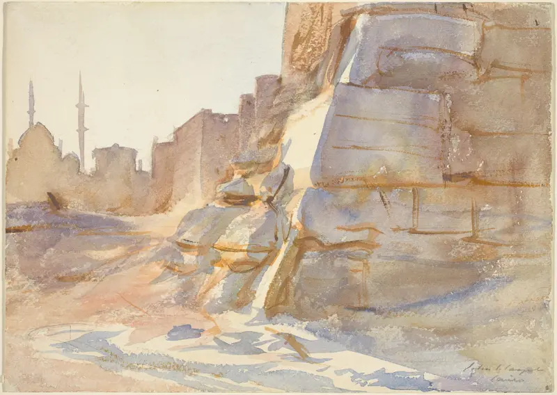 Cairo by John Singer Sargent, oil painting depicting a sunset over architecture and golden sands.