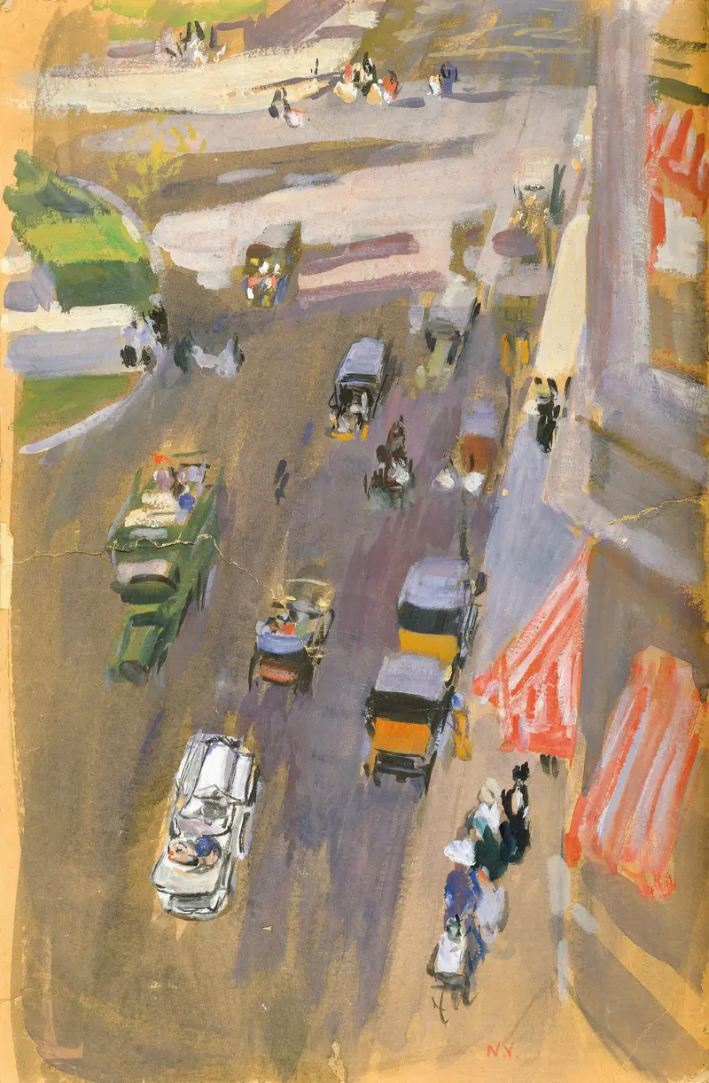 A busy Fifth Avenue in New York viewed from above shows moving cars, horse-drawn carriages, pedestrians, striped awnings, and sunlight casting shadows.