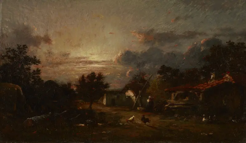 Village Scene, Sunset by Jules Dupré, oil painting depicting cottages at sunset.