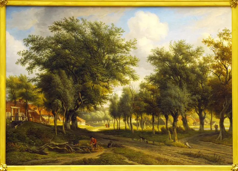 A serene landscape featuring sunlight filtering through trees, a figure in red, and cottages with red roofs.