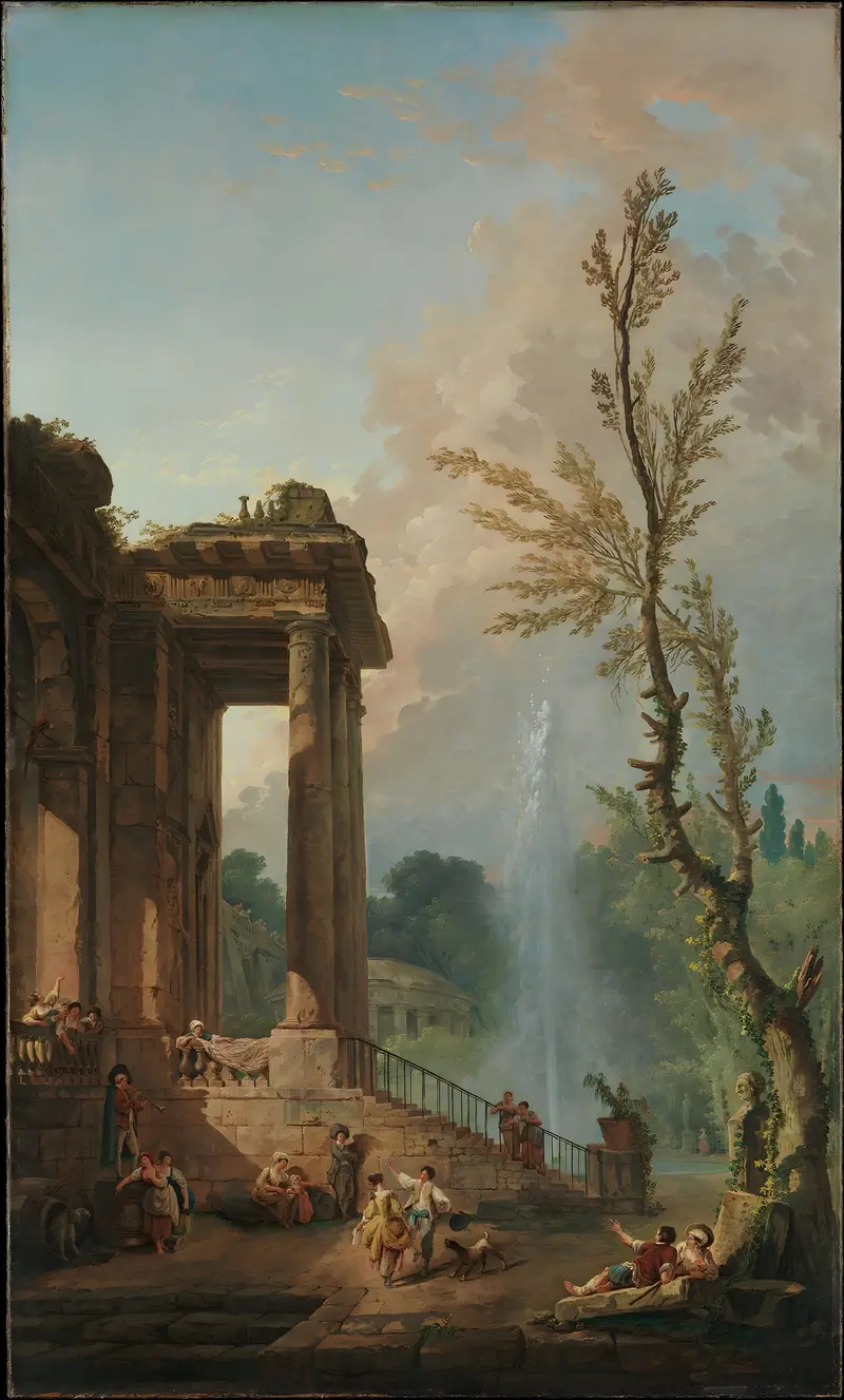 Rococo architecture featuring a grand portico by Hubert Robert