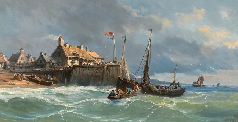 Fishermen by the Coast, oil on canvas by Charles Euphrasie Kuwasseg, depicting fishermen by the shore.