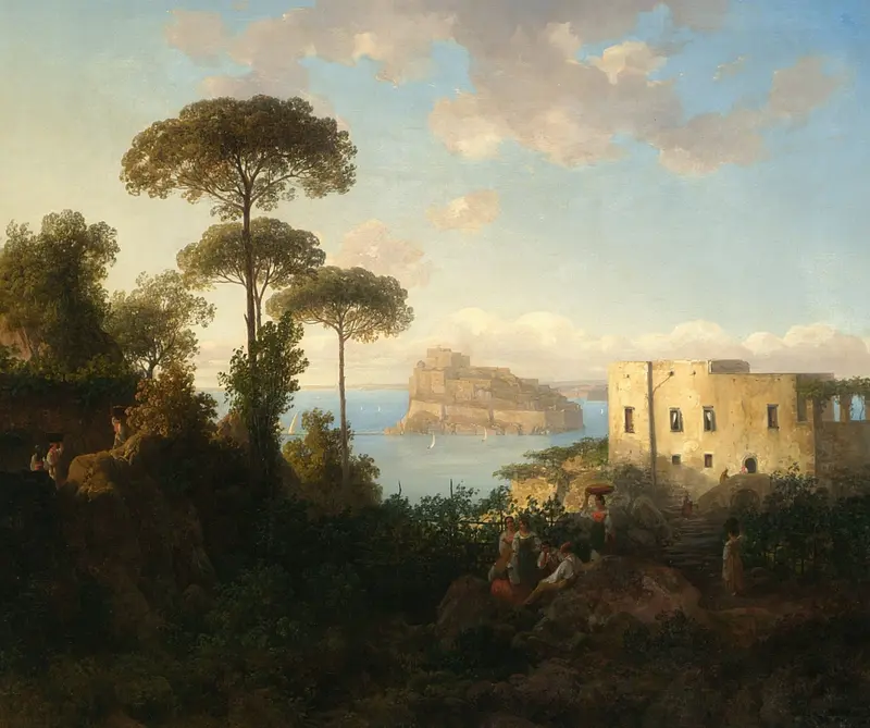 Landscape with staffage and architecture by Thomas Ender, oil painting depicting Ischia, Italy.