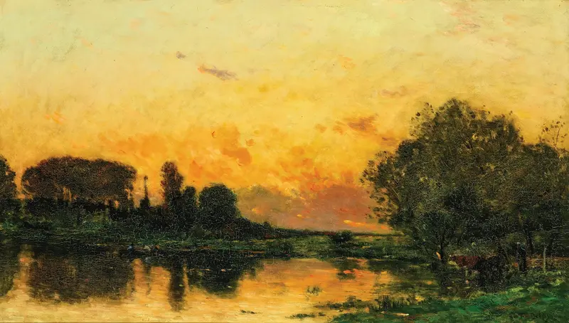 A River at Dusk, oil painting by Hippolyte Camille Delpy, depicting a serene river at twilight.