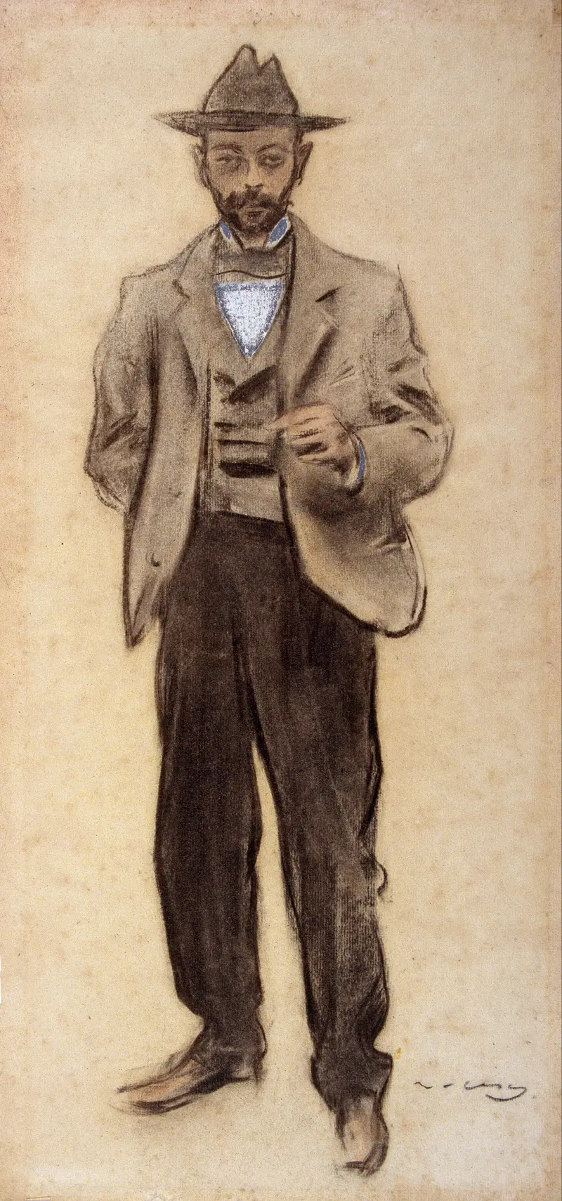 Portrait of Manolo Hugué by Ramón Casas showcases a striking figure in a modern style.