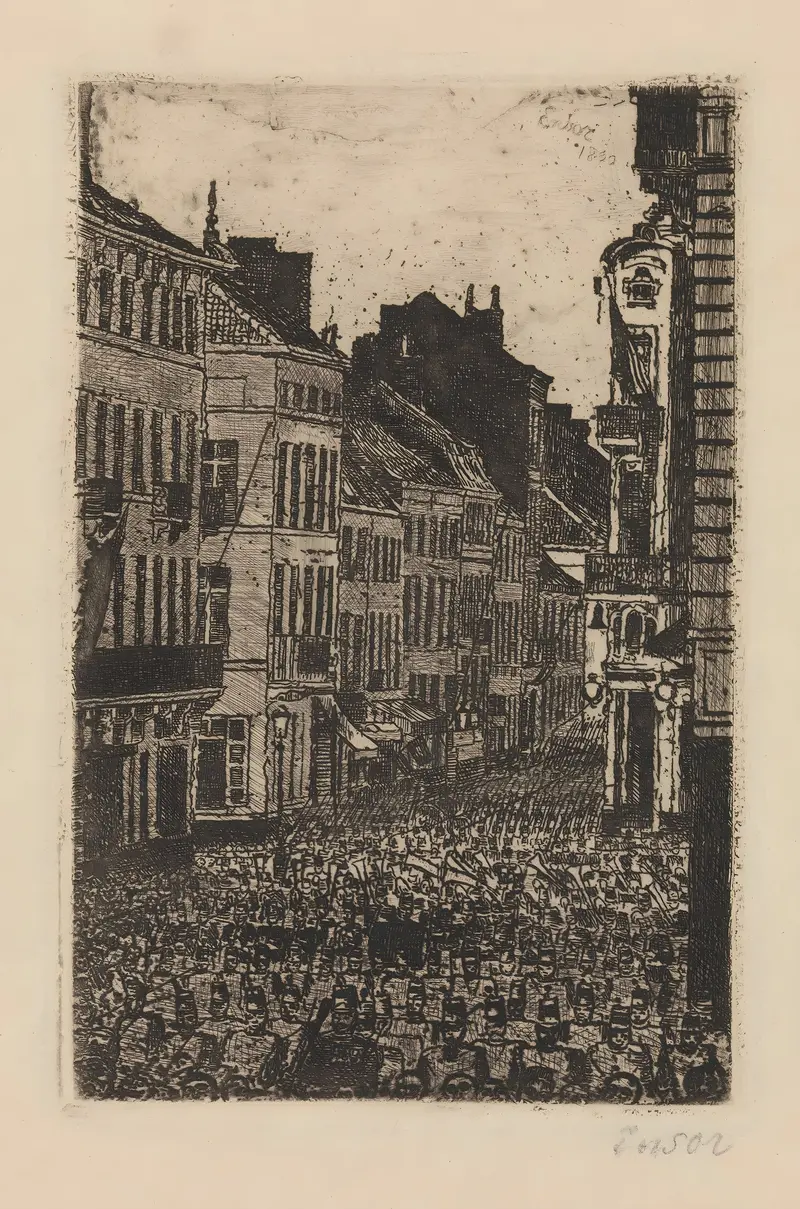 The Music in the rue de Flandre, Ostend by James Ensor, oil on canvas depicting a lively crowd.