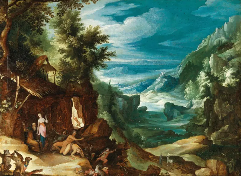 Landscape with the Temptation of Saint Anthony by Paul Bril, oil painting depicting a mythological scene.