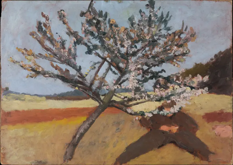 Oil painting by Paula Modersohn-Becker depicting a man reclining under a blossoming tree