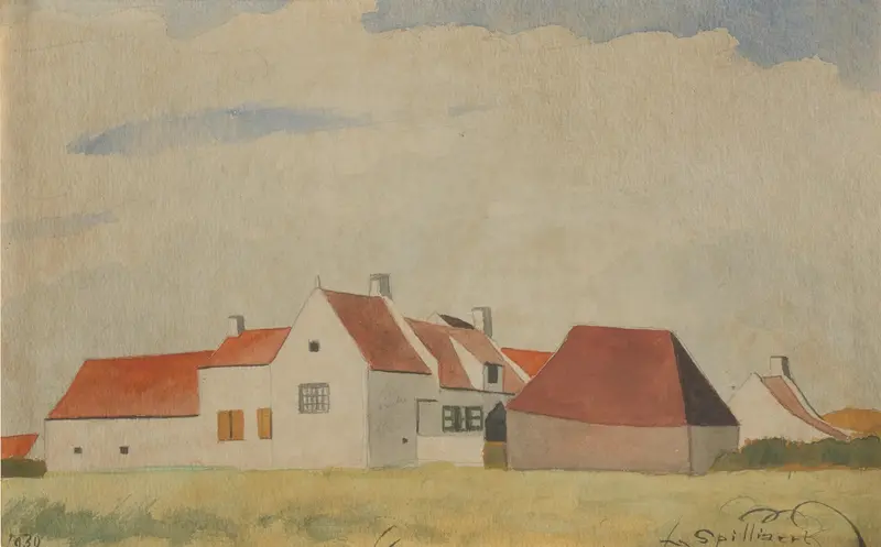 A landscape painting depicting a farm near Nukkerwijk in Bredene.