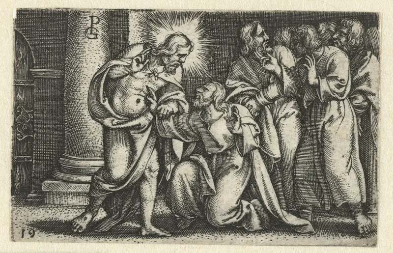 Engraving by Georg Pencz depicting Thomas touching the wounds of Christ