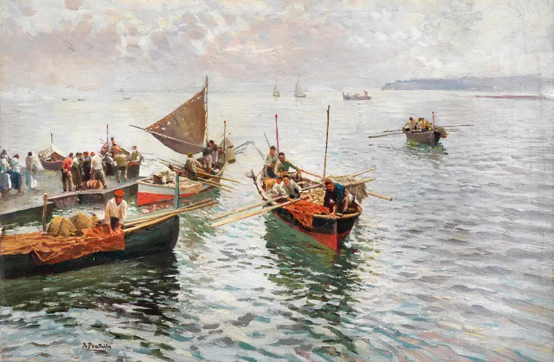 The Homecoming of the Fishermen by Attilio Pratella, oil painting depicting fishermen at dusk.