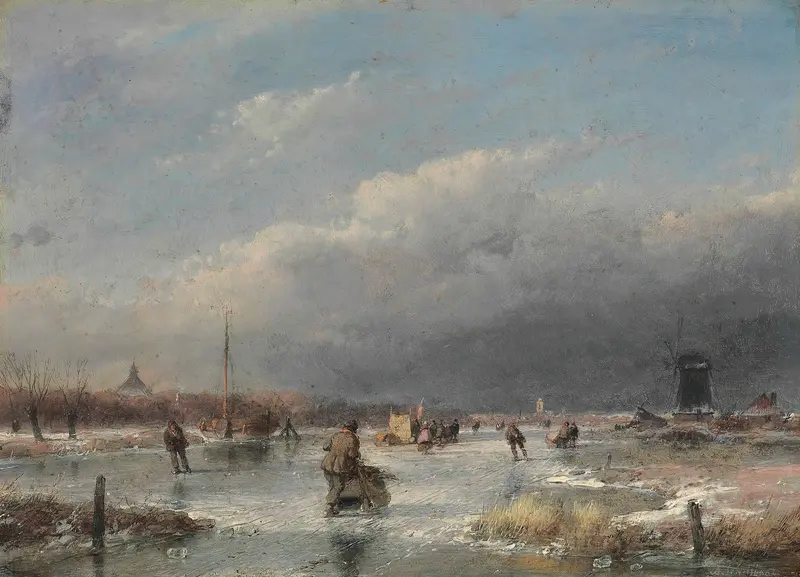 Skaters on a frozen river, oil on canvas by Andreas Schelfhout