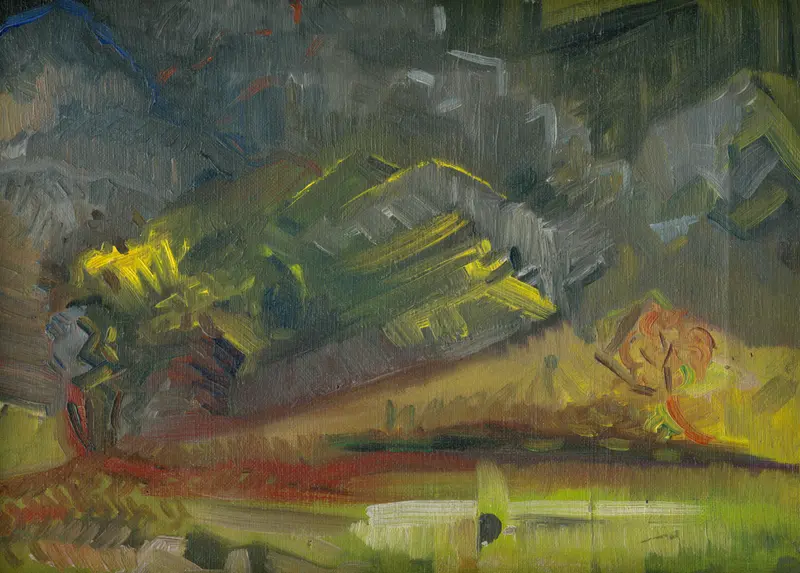 A vibrant landscape at dusk with a burst of yellow-green light and a solitary tree, painted in restless brushstrokes.