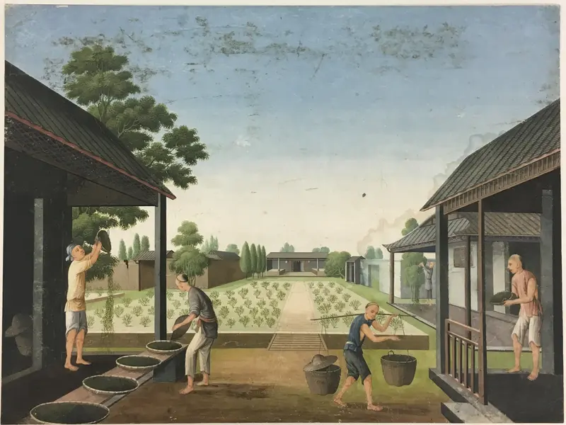 Genre scene of women preparing tea leaves and spinning silk, paper medium, by China.