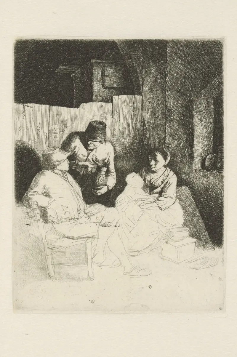 Etching by Cornelis Pietersz. Bega depicting a family in an inn