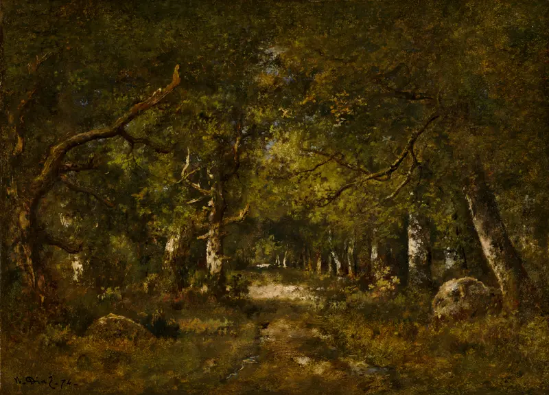 Forest Scene by Narcisse-Virgile Diaz de La Peña depicts a serene woodland landscape.