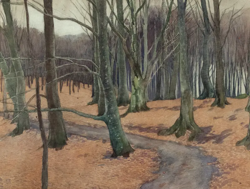 Young Beech Wood by Ester Almqvist, impressionism, depicting a serene forest with beech trees