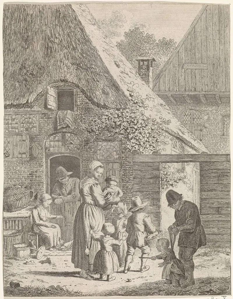 Genre scene etching by Johannes Christiaan Janson depicting farmers and children in a rural setting
