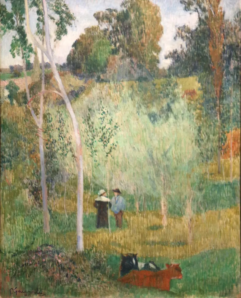 Two Breton women engaged in a quiet conversation in a colorful field.