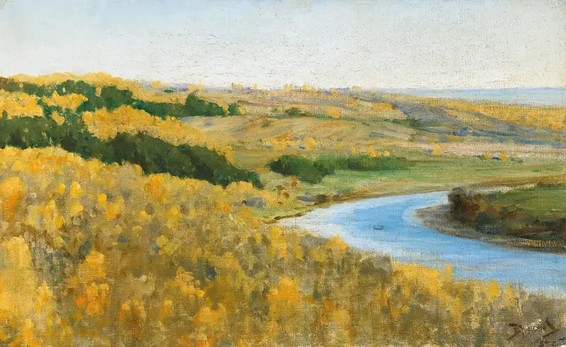 Landscape of the Oka River in golden autumn by Vasily Dmitrievich Polenov, oil painting.