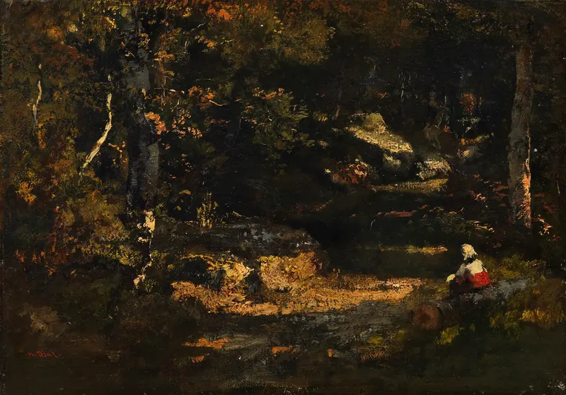 Femme assise sur un tronc d’arbre by Narcisse-Virgile Diaz de La Peña, oil painting of a woman sitting on a tree trunk.