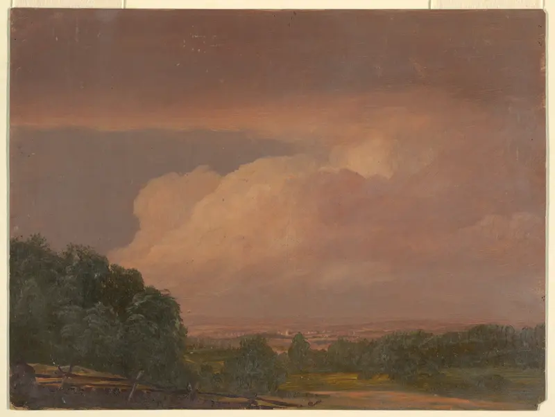 Landscape by Frederic Edwin Church, oil painting depicting hills and sunlight under a vast sky.