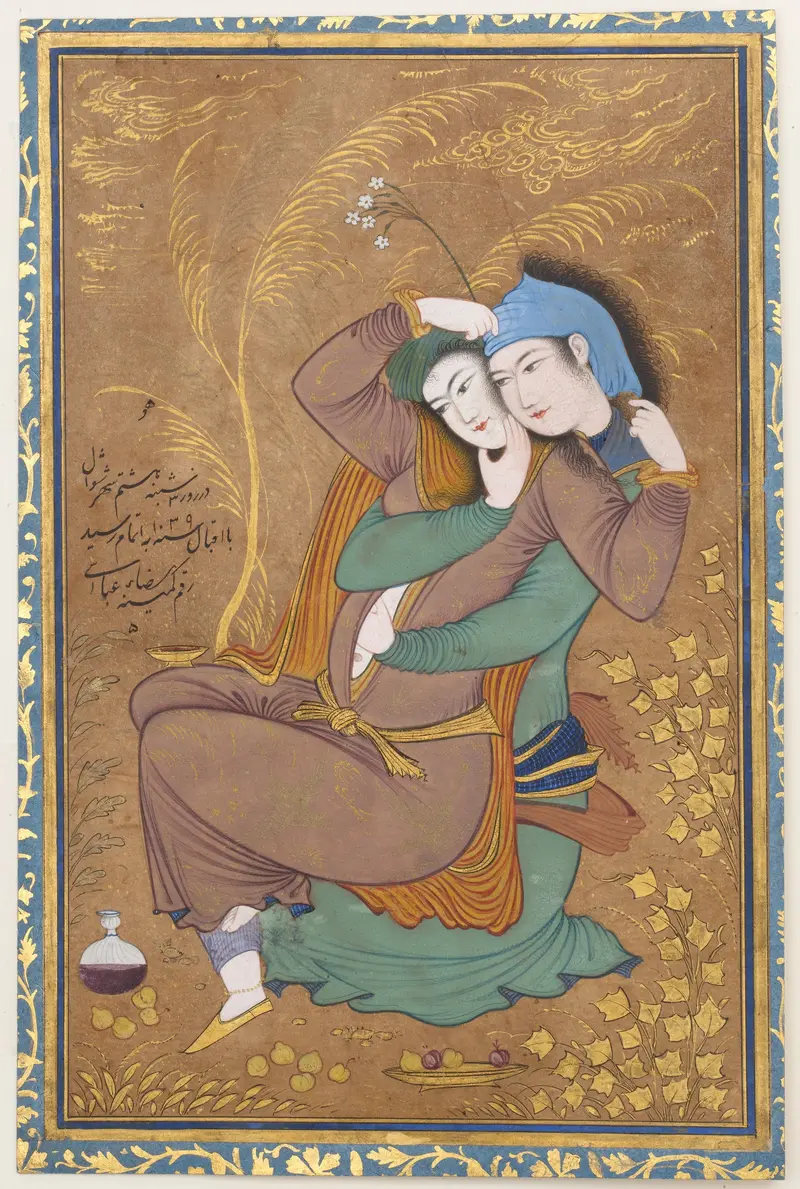 The Lovers by Riza-yi 'Abbasi, gold medium, depicting an intimate embrace.