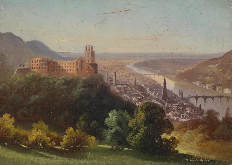 Landscape view of Heidelberg by Hubert Sattler, oil on canvas
