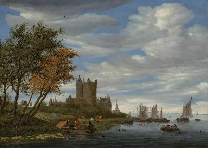 Oil painting by Salomon van Ruysdael depicting a river estuary with sailboats and a castle.