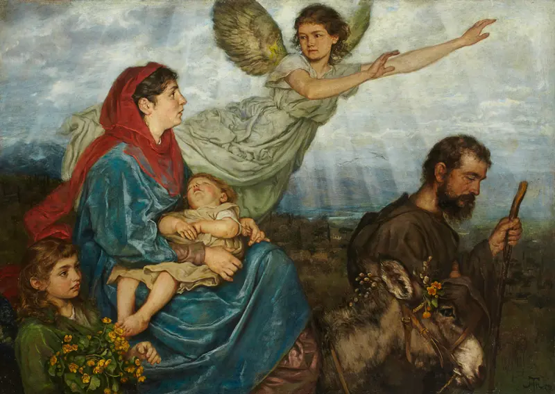 The Flight into Egypt by Hans Thoma depicts a serene journey of Mary and Joseph with the infant Jesus.