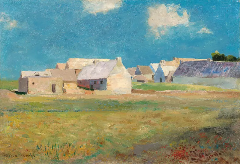 Breton Village by Odilon Redon, oil painting depicting a serene village landscape.