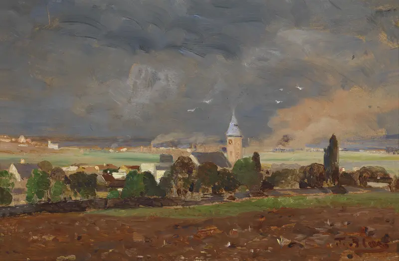 Landscape with a village and stormy clouds, oil on canvas by Tina Blau