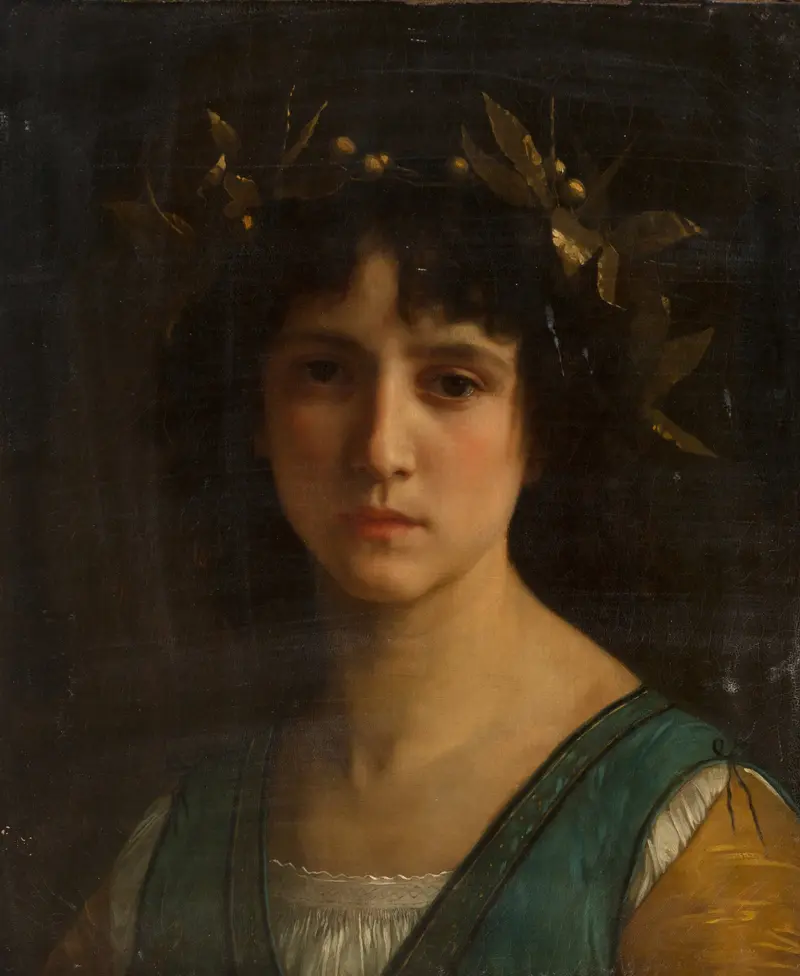 A captivating portrait of an Italian girl adorned with a laurel wreath.
