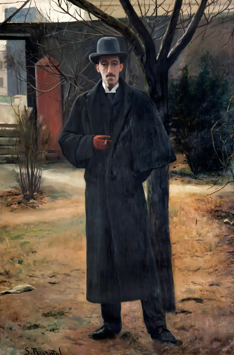 Portrait of Miquel Utrillo by Santiago Rusiñol showcases a figure in a vibrant setting.