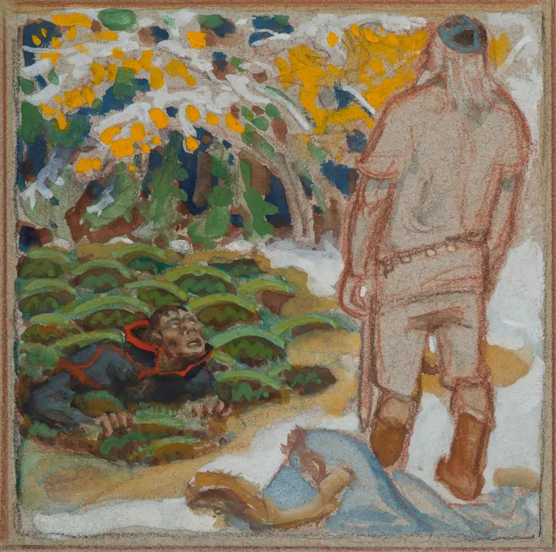 A tall, unfinished figure in earthy reds stands against a vibrant forest, with figures below in contrasting colors.
