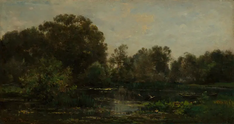 A river landscape with storks, oil on canvas by Charles François Daubigny
