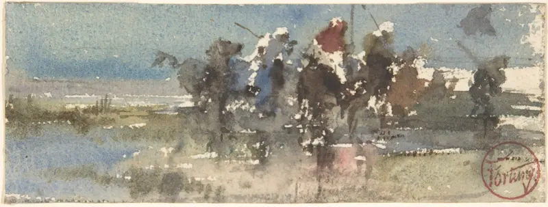 Mariano Fortuny Marsal's 'Moors on Horseback' captures a dynamic scene of horsemen in vibrant colors.