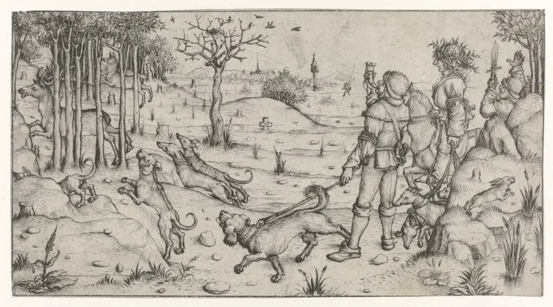 Hertenjacht by Meester van het Amsterdamse Kabinet, drypoint depicting a hunting scene with deer.