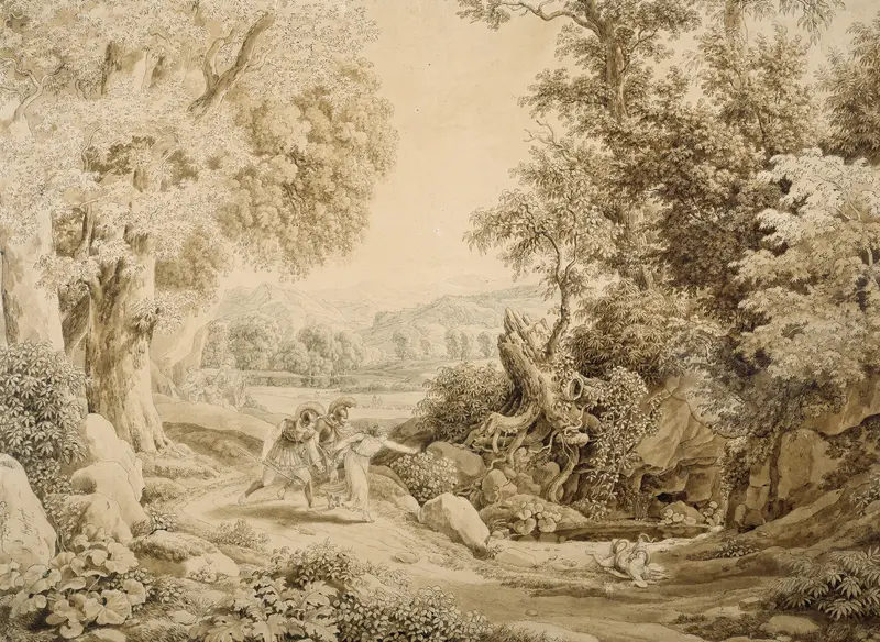 Historical landscape depicting the death of Opheltes, oil painting by Johann Christian Reinhart
