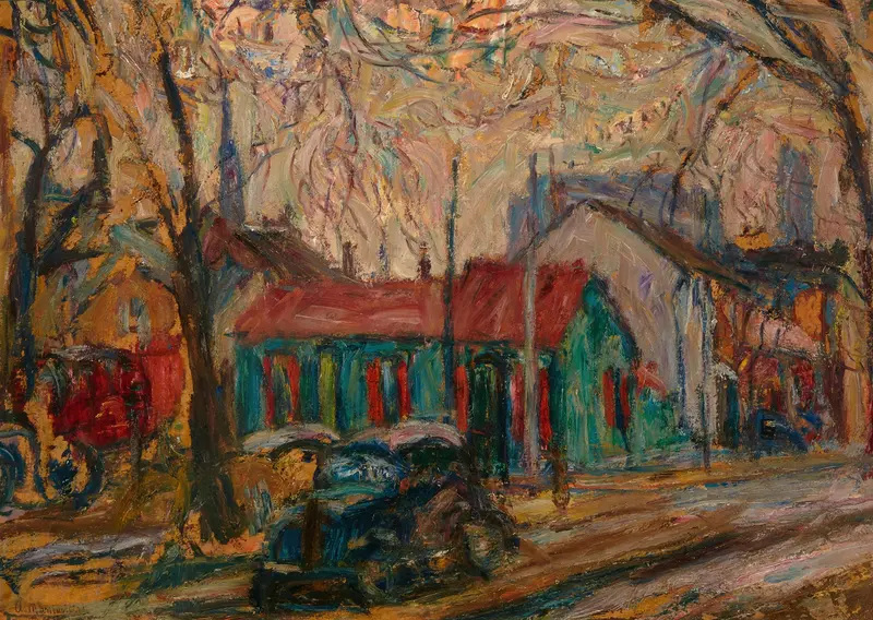 Quiet Street by Abraham Manievich, oil on canvas depicting a serene street scene with soft light.