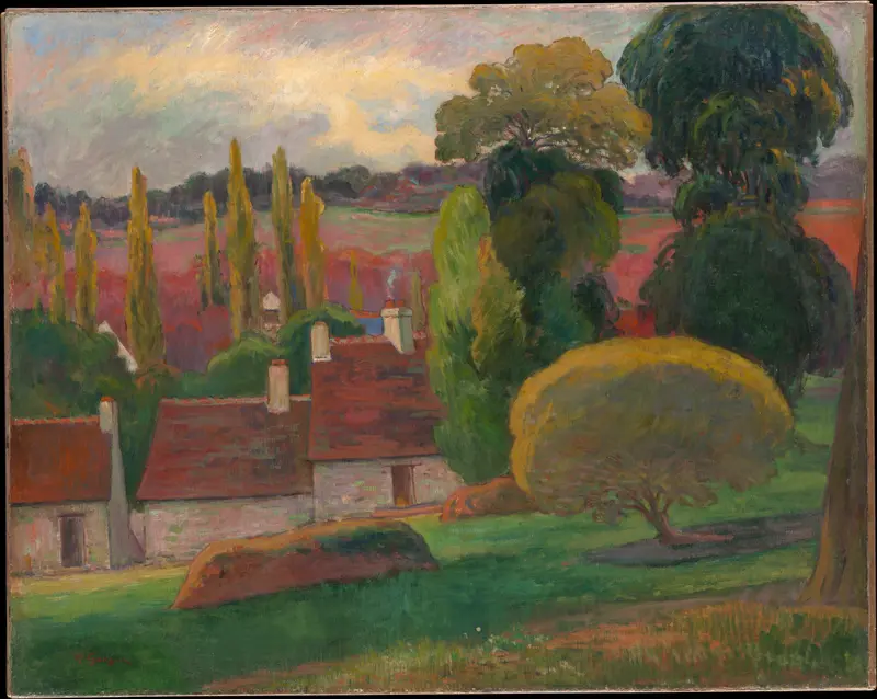 A Farm in Brittany by Paul Gauguin, oil on canvas depicting vibrant fields and rural scenery.
