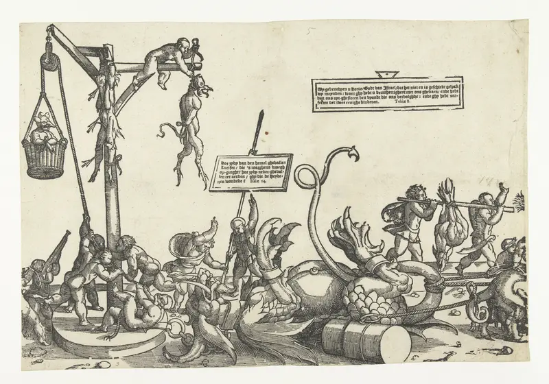 Figurative etching on paper by Monogrammist LIW depicting children in a procession.