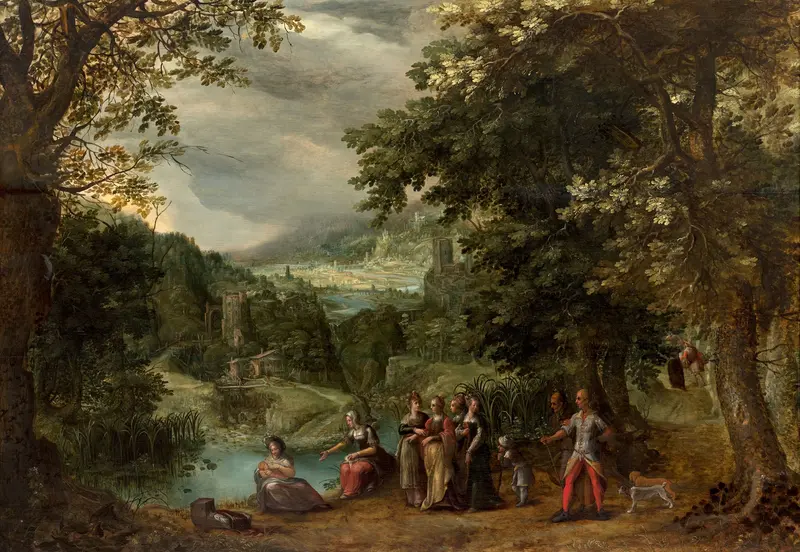Moses saved from the waters, oil painting by Gillis van Coninxloo, depicting Moses among reeds by a river.