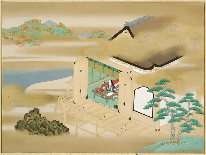Murasaki Shikibu writing at Ishiyamadera, gold, Tosa Mitsuoki
