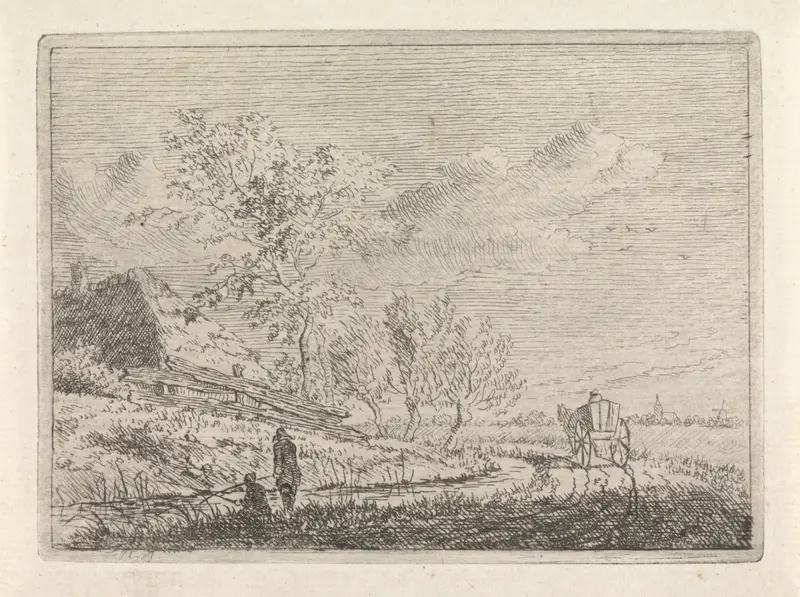 Landschap met kar en twee vissers, etching by Johannes Christiaan Janson depicting fishermen by a river.