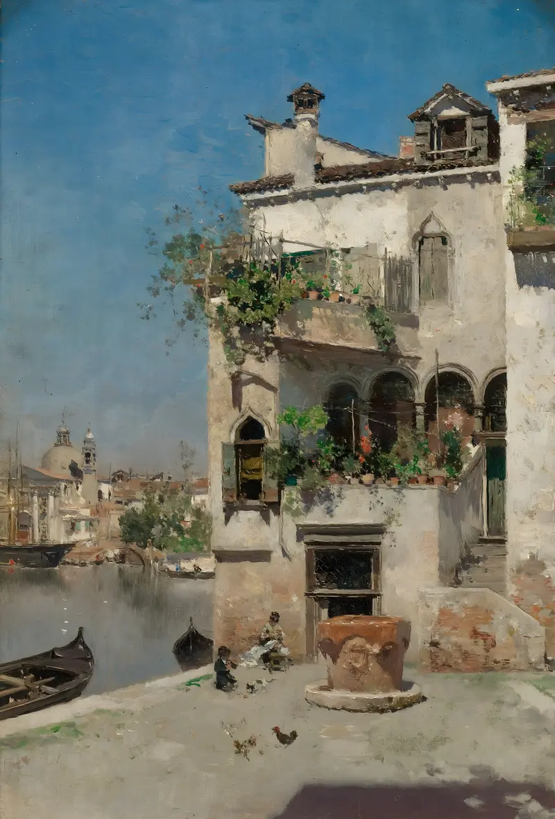 A Quiet Afternoon In Venice, oil on canvas by Martin Rico y Ortega, depicting water and architecture.