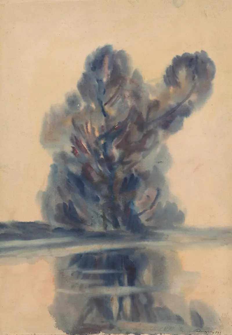 Post-Impressionism oil painting by Zolo Palugyay featuring a blue tree above a lake